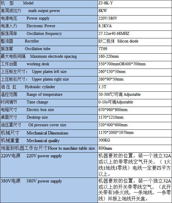 油壓式高周波機(jī)技術(shù)參數(shù)